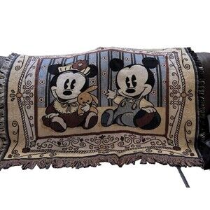 VTG Disney Baby Mickey & Baby Minnie Mouse Woven Throw Blanket/Tapestry Cotton